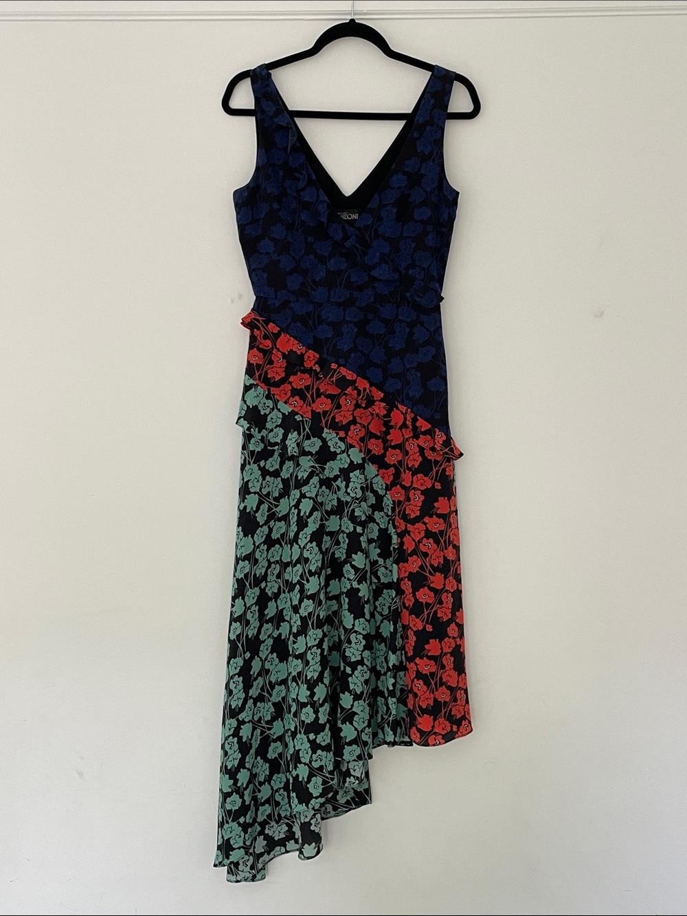 SALONI Navy, Red & Teal Floral Asymmetric High/Low Silk Ruffled Midi Dress